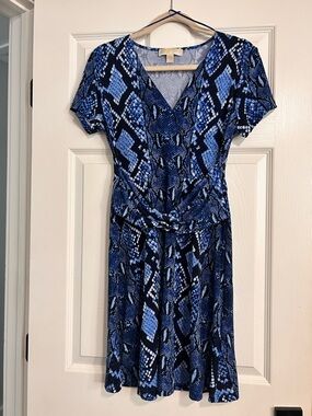 Michael Kors Blue Snake-Print V-Neck Midi Dress